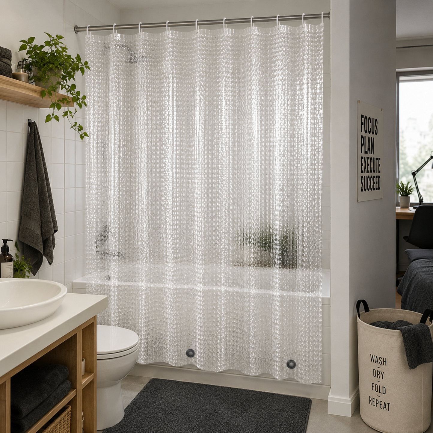 3D Shower Curtain with Weighted Magnets & Hooks - 180 x 180cm