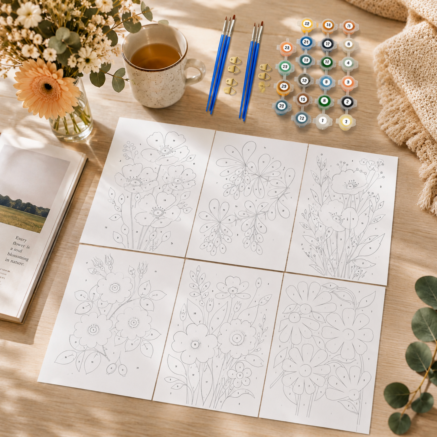 Set of 6 Paint by Numbers Canvas Kit - Spring Flowers (30 x 20cm)