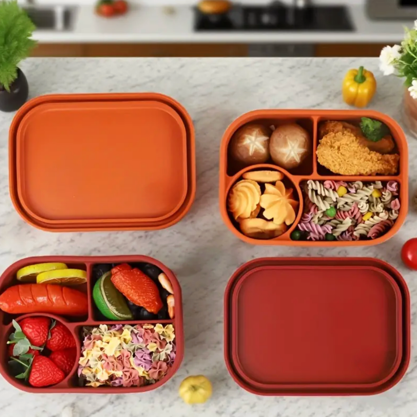 3-Piece Silicone 4-Compartment Food Container Set