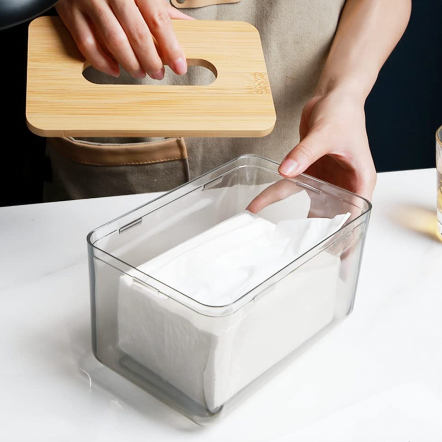 Acrylic Tissue Box with Natural Bamboo Lid