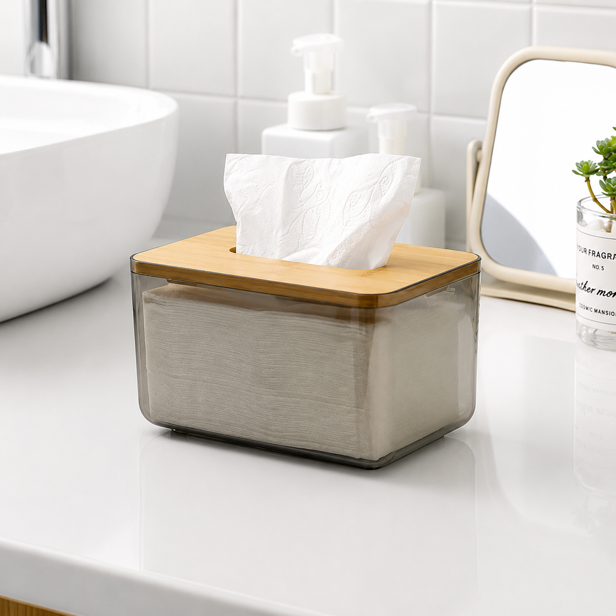 Acrylic Tissue Box with Natural Bamboo Lid