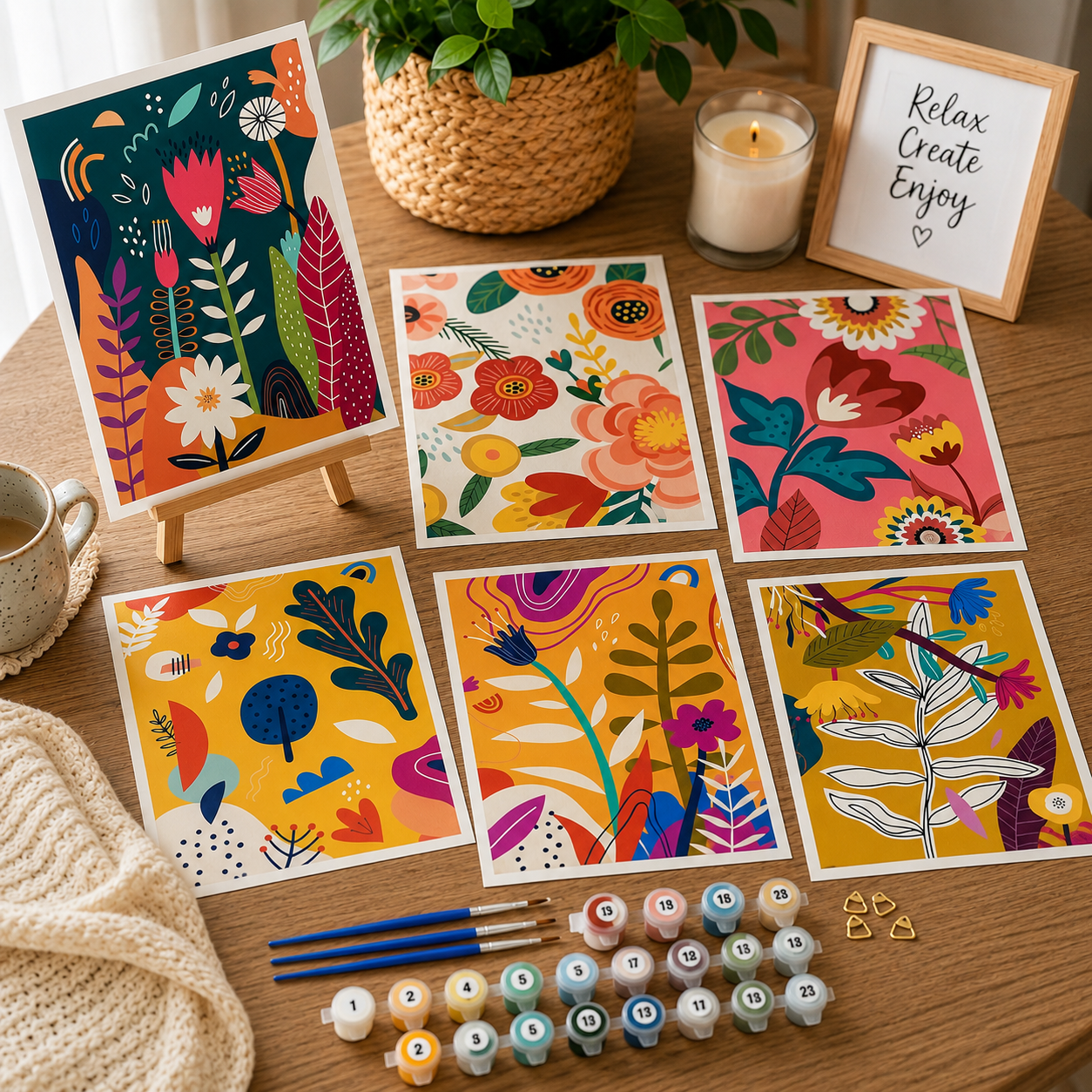 Set of 6 Paint by Numbers Canvas Kit - Vibrant Floral (30 x 20cm)