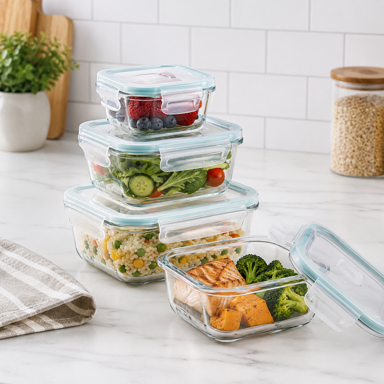 Set of 4 Leak-Proof Glass Food Containers - Square
