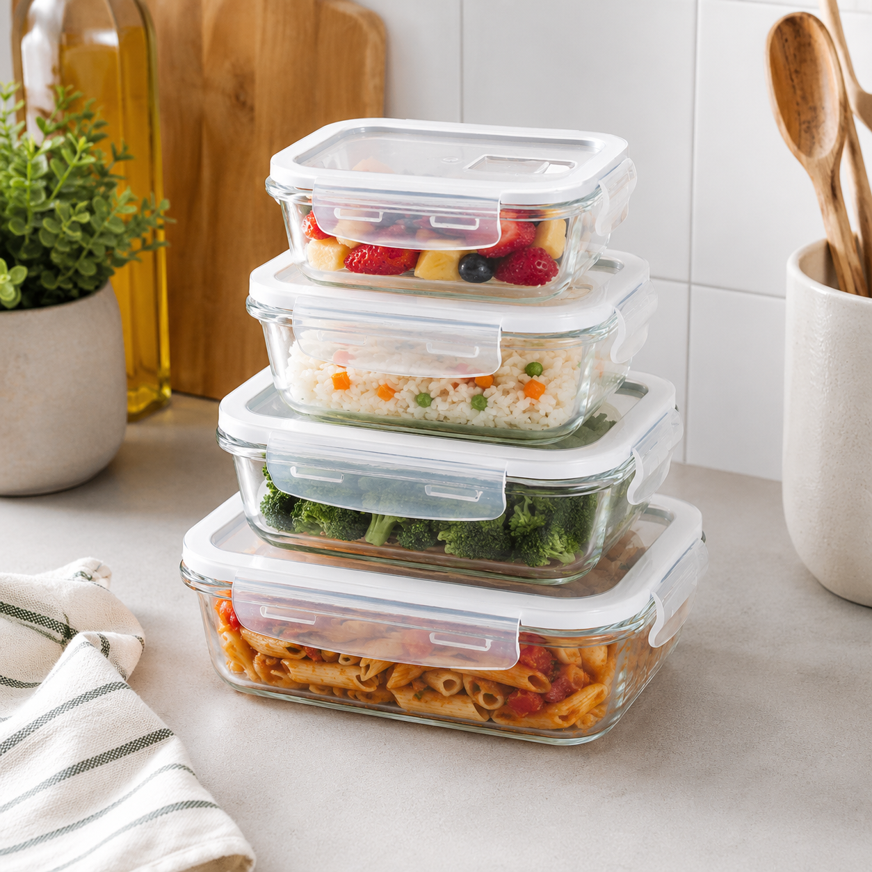 Set of 4 Leak-Proof Glass Food Containers - Rectangle