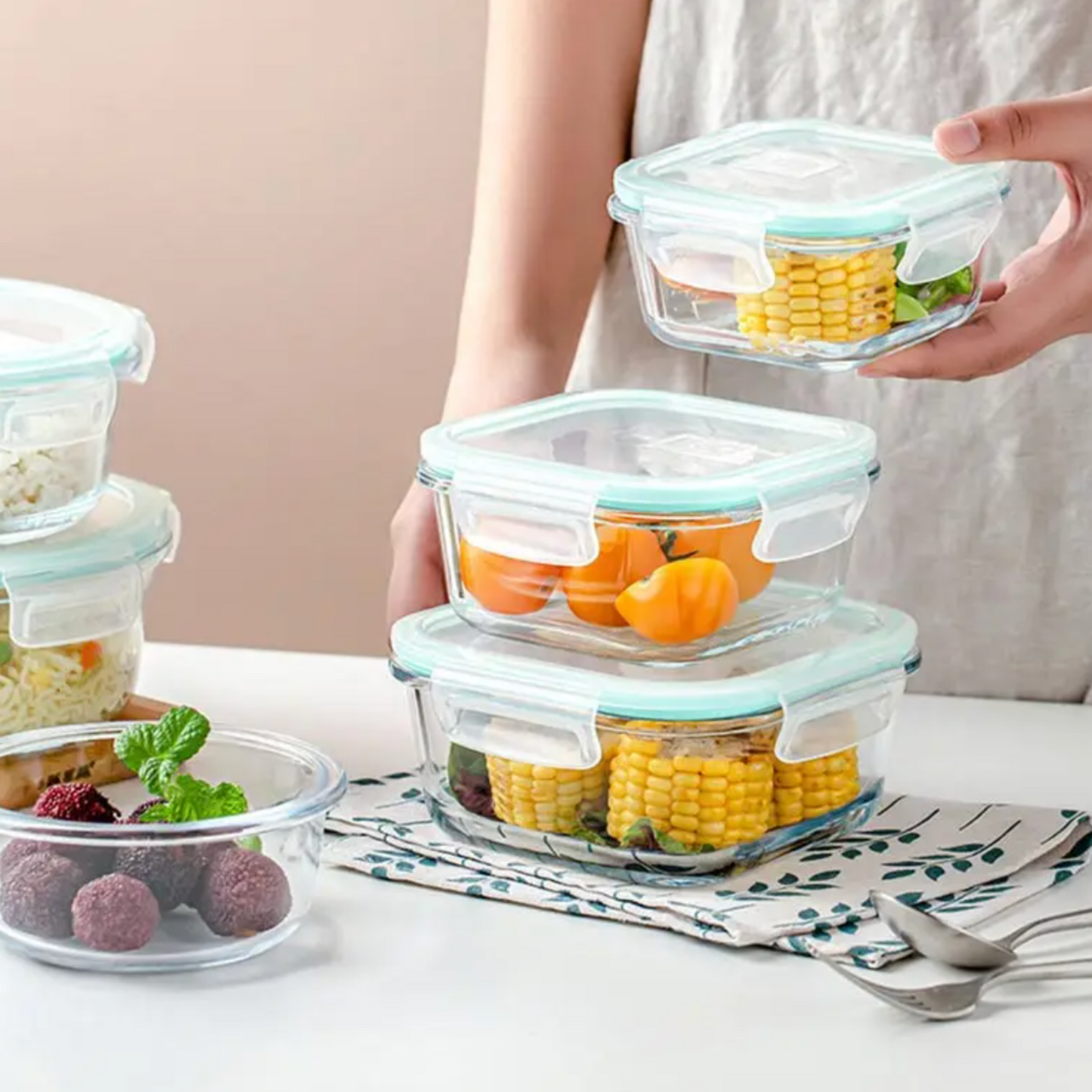 Set of 4 Leak-Proof Glass Food Containers - Square