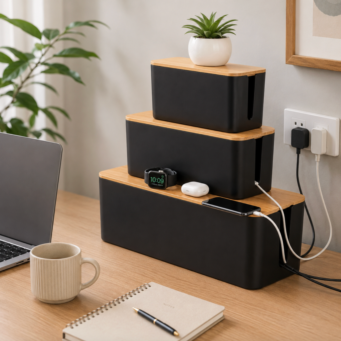 Set of 3 Cable Management & Organiser Boxes with Bamboo Lids