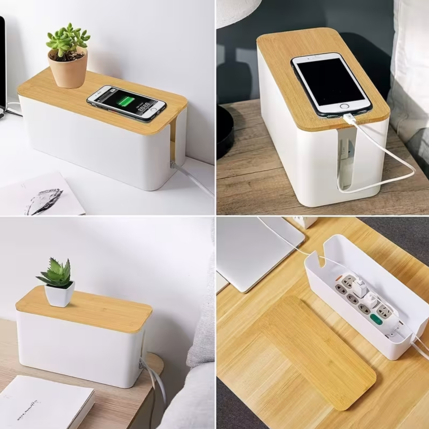 Set of 3 Cable Management & Organiser Boxes with Bamboo Lids