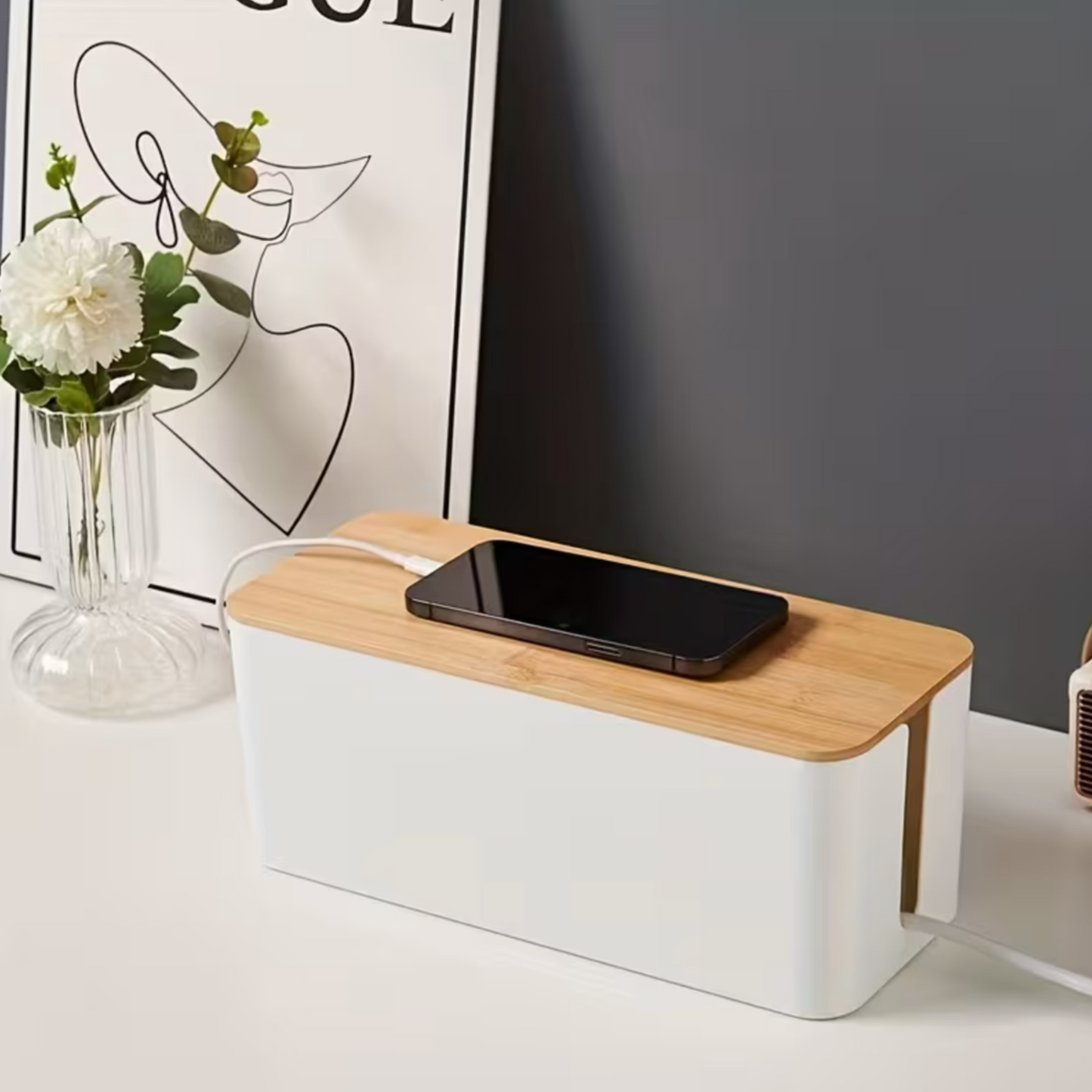 Set of 3 Cable Management & Organiser Boxes with Bamboo Lids