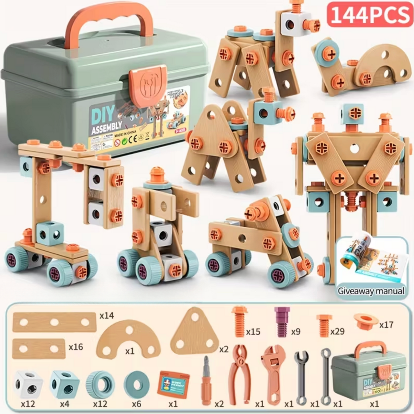 Kids 144 Piece DIY Assembly Toy Toolbox