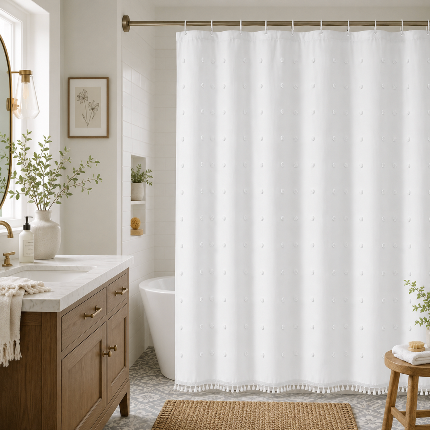 Bohemian Inspired Shower Curtain with Hooks - 180 x 180cm