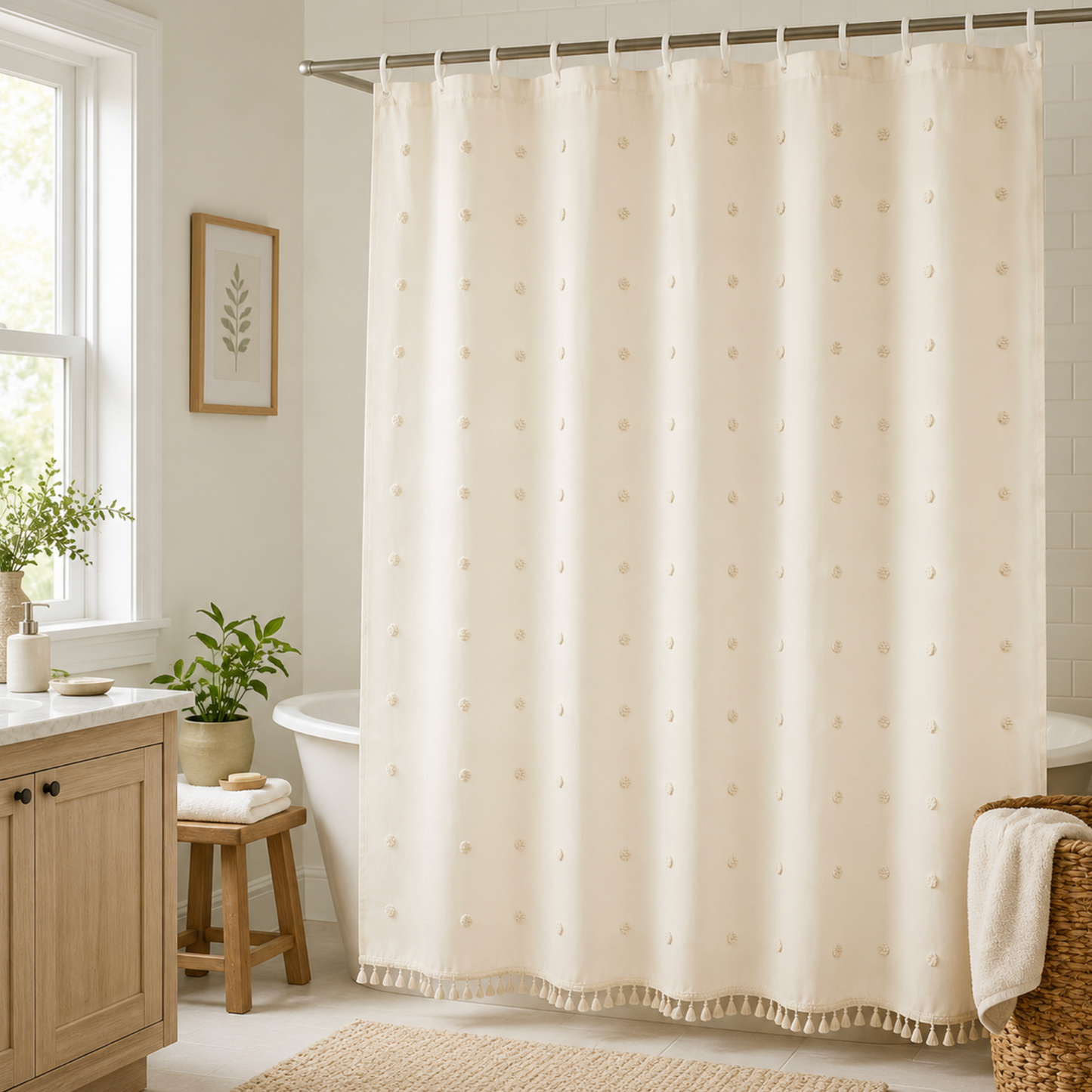 Bohemian Inspired Shower Curtain with Hooks - 180 x 180cm