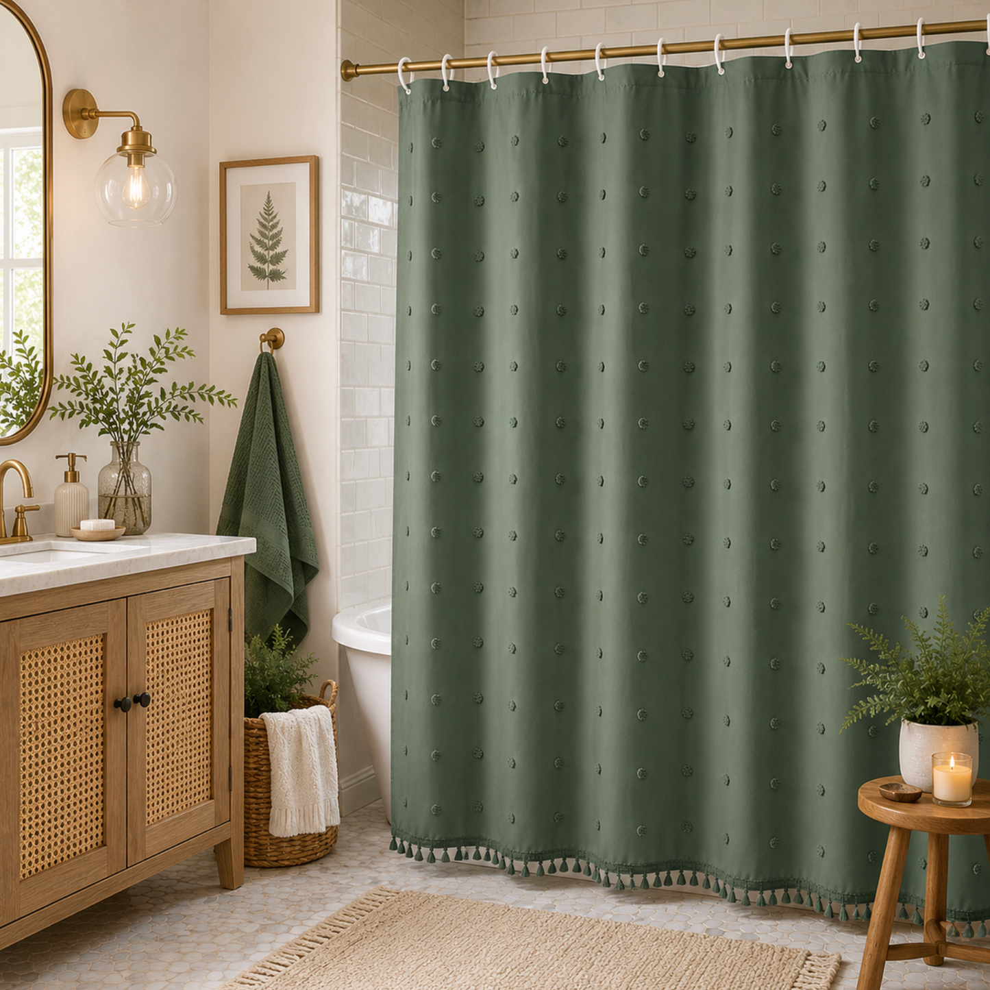 Bohemian Inspired Shower Curtain with Hooks - 180 x 180cm