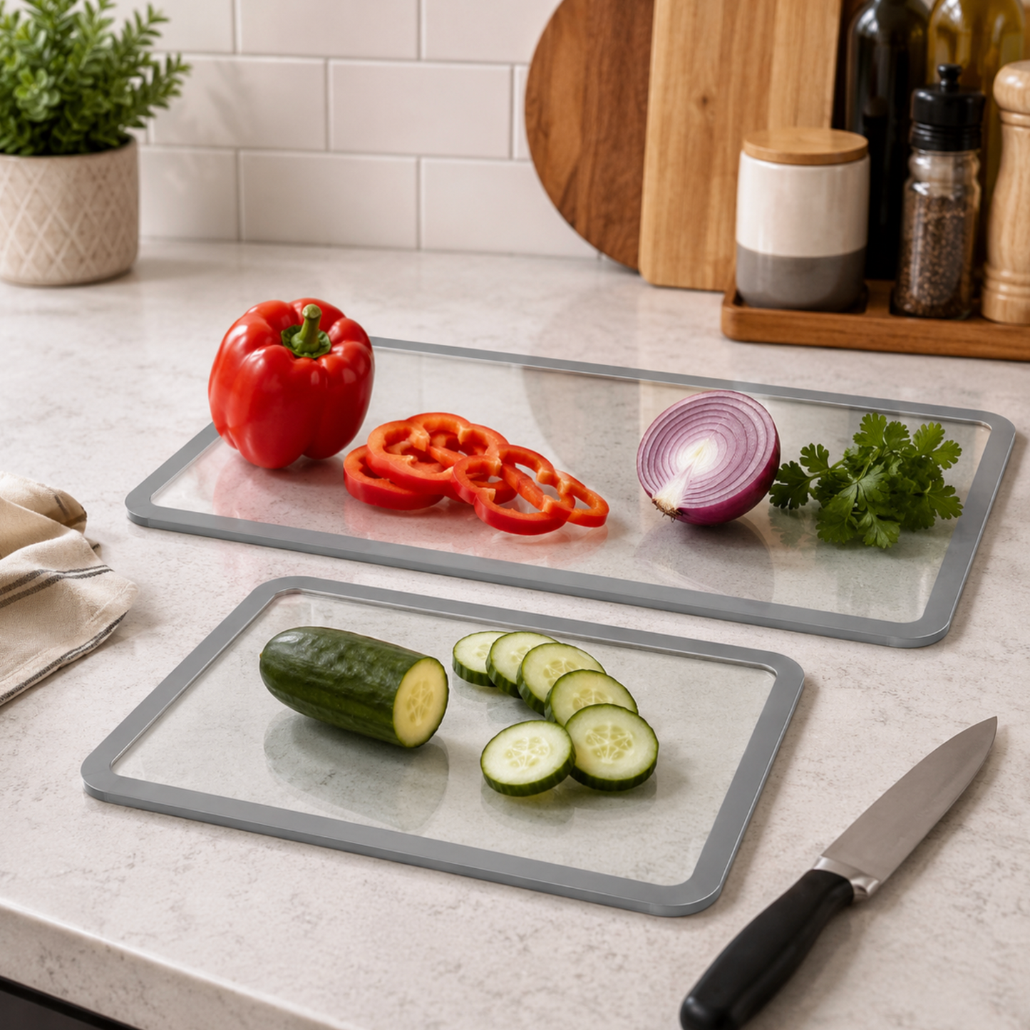 Set of 2 Glass Cutting Boards with Non-Slip Rubber Edges