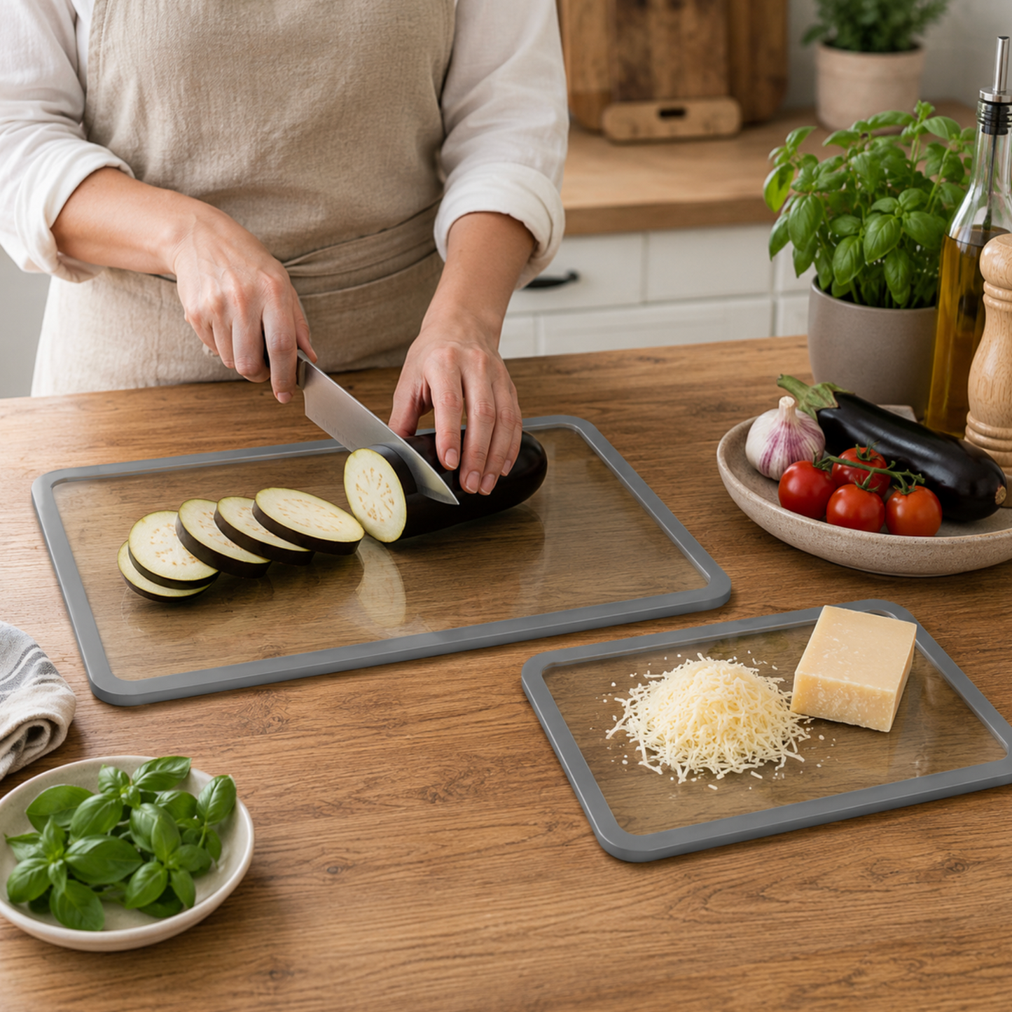 Set of 2 Glass Cutting Boards with Non-Slip Rubber Edges