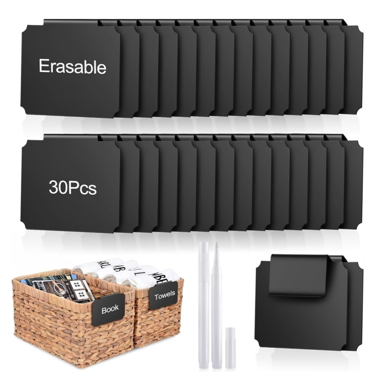 30 Piece Reusable Clip-On Label Set with Chalk Pens