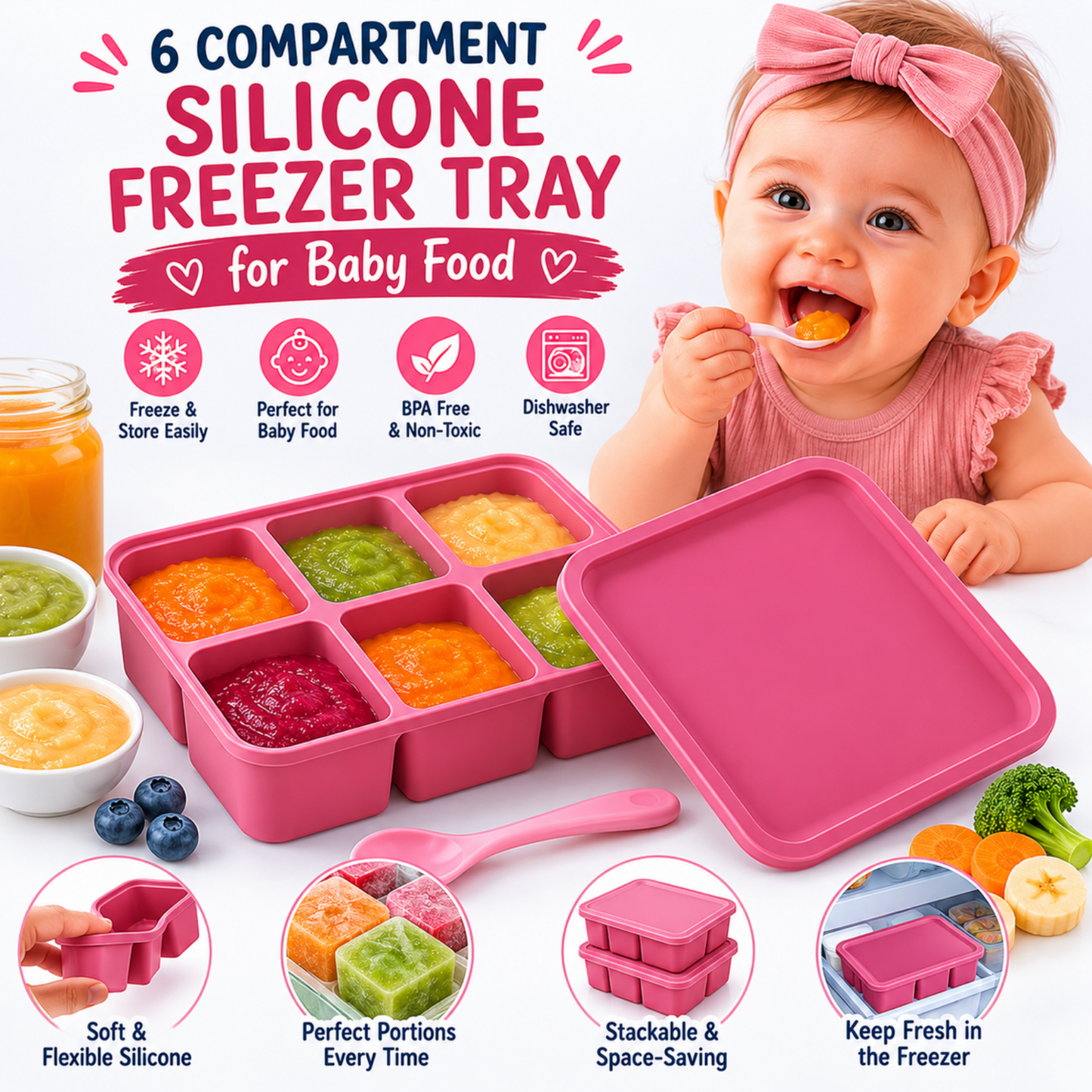 6-Compartment Silicone Freezer Tray For Baby Food With Lid
