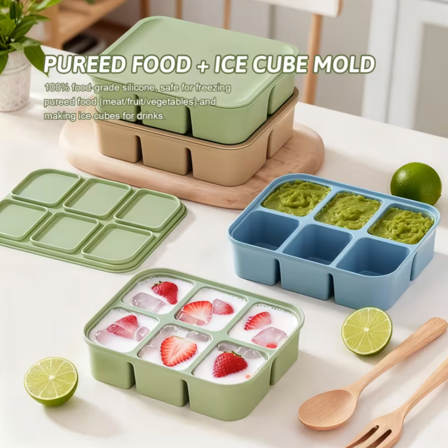 6-Compartment Silicone Freezer Tray For Baby Food With Lid