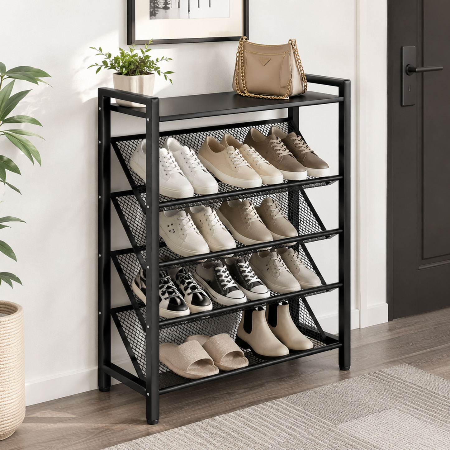 Slimline 4-Tier Metal Mesh Shoe Rack with Top Shelf