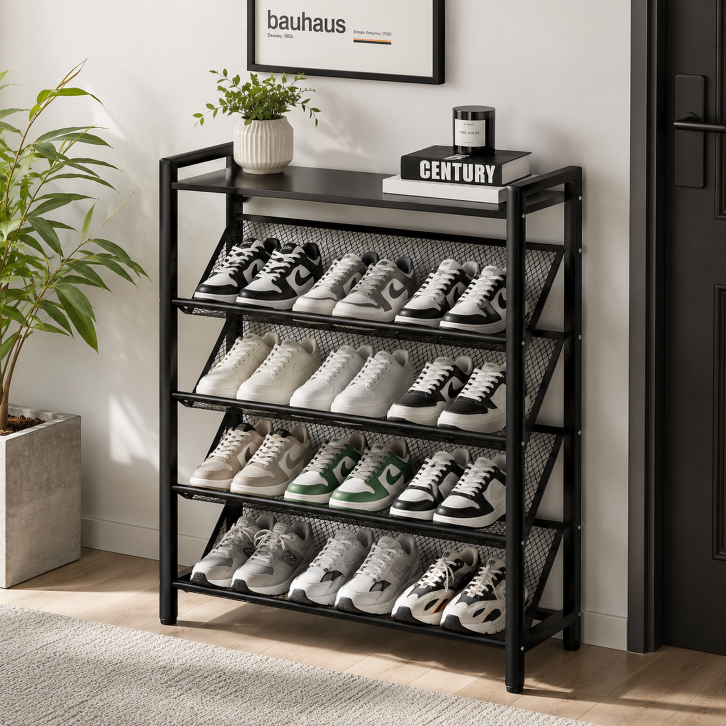 Slimline 4-Tier Metal Mesh Shoe Rack with Top Shelf