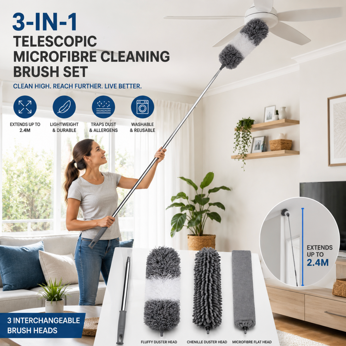 3-in-1 Telescopic Microfibre Cleaning Brush Set (Up to 2.4m)