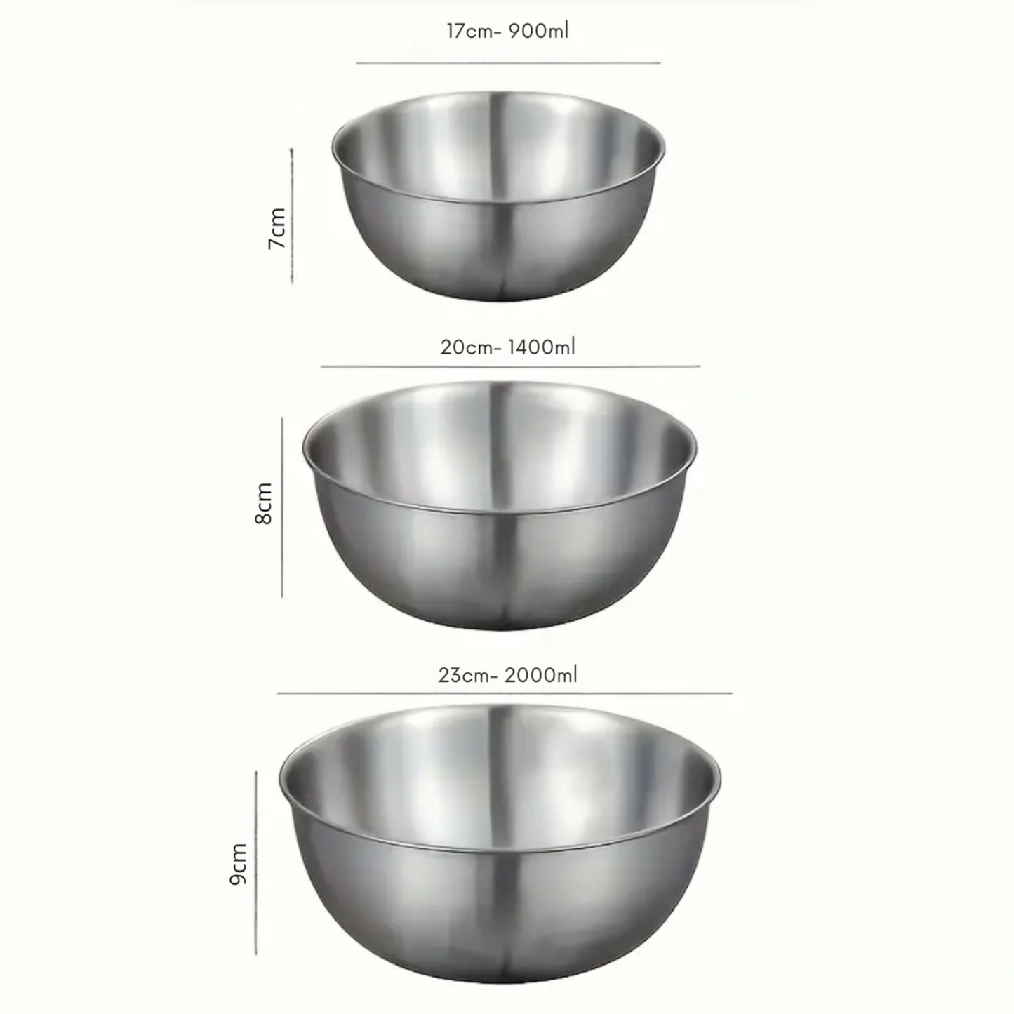3 Piece SS Mixing Bowl Set with Measurements