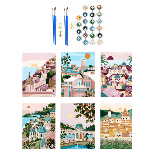 Set of 6 Paint by Numbers Canvas Kit - Pastel Cityscapes (30 x 20cm)