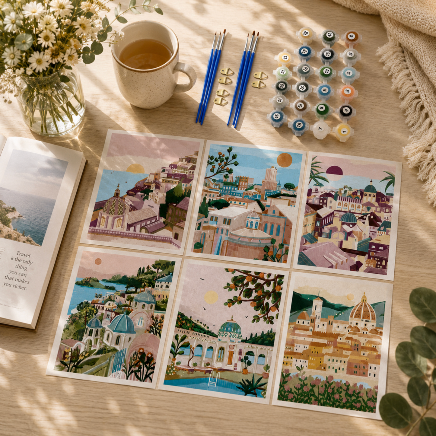 Set of 6 Paint by Numbers Canvas Kit - Pastel Cityscapes (30 x 20cm)