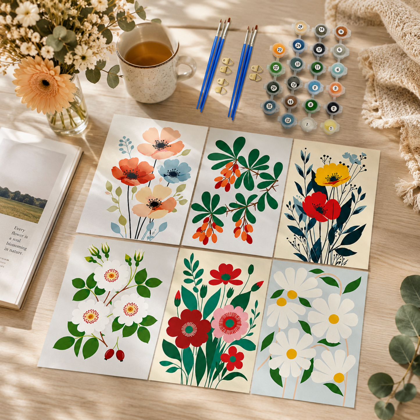 Set of 6 Paint by Numbers Canvas Kit - Spring Flowers (30 x 20cm)
