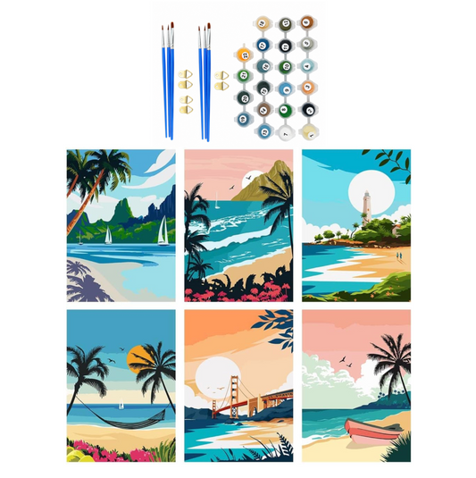 Set of 6 Paint by Numbers Canvas Kit - Beach Views (30 x 20cm)