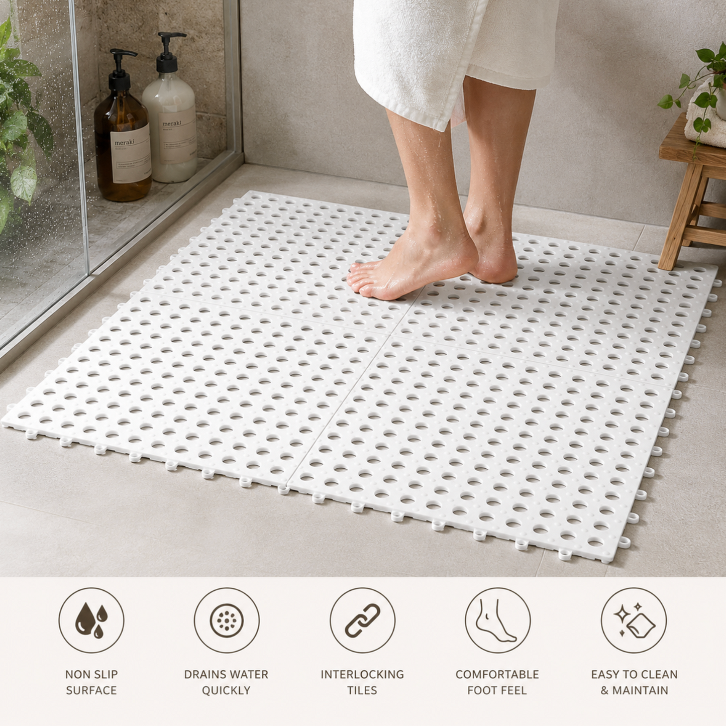 Anti-Slip Interlocking Shower Mat Tiles - 4 Pack