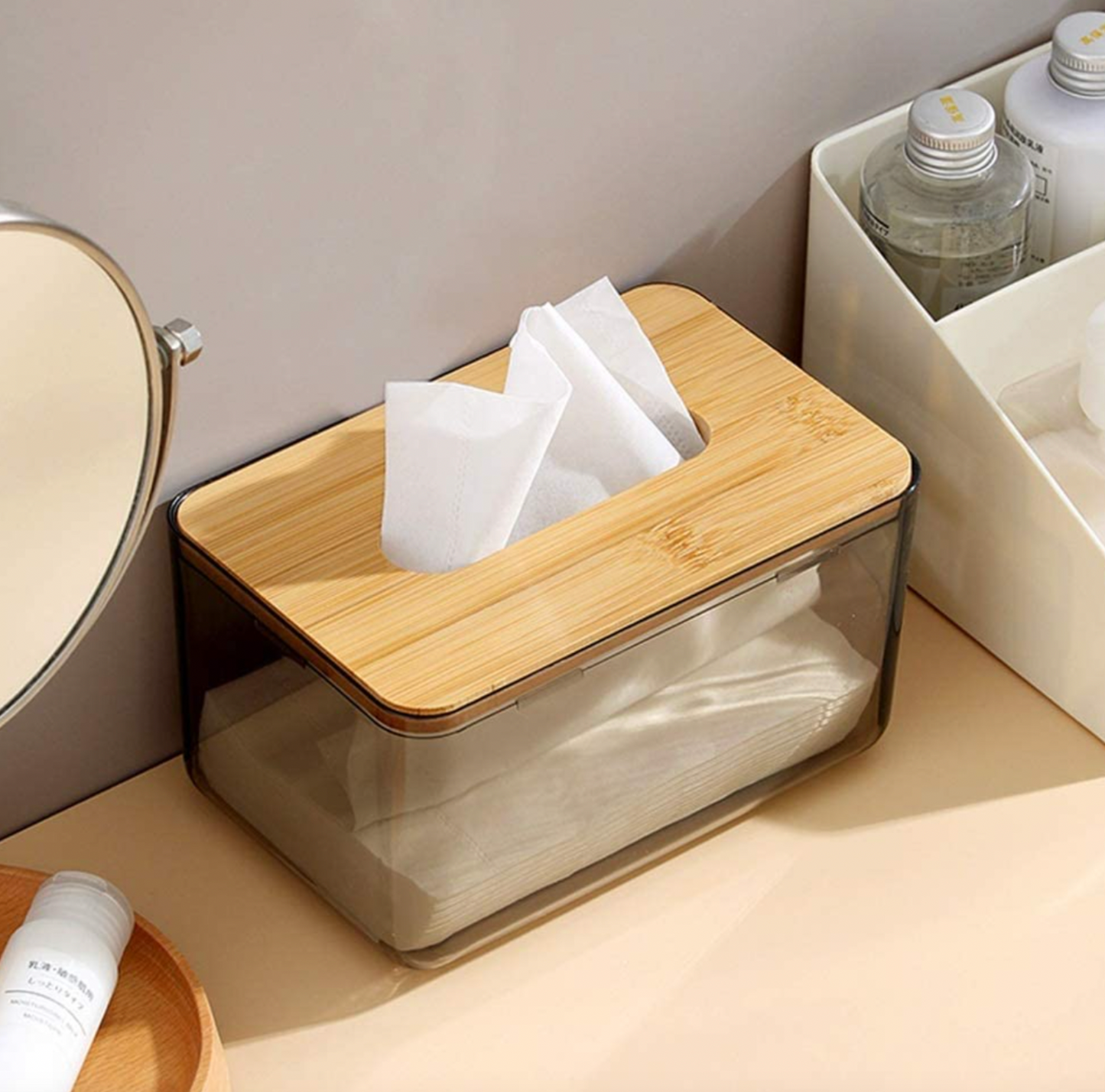 Acrylic Tissue Box with Natural Bamboo Lid