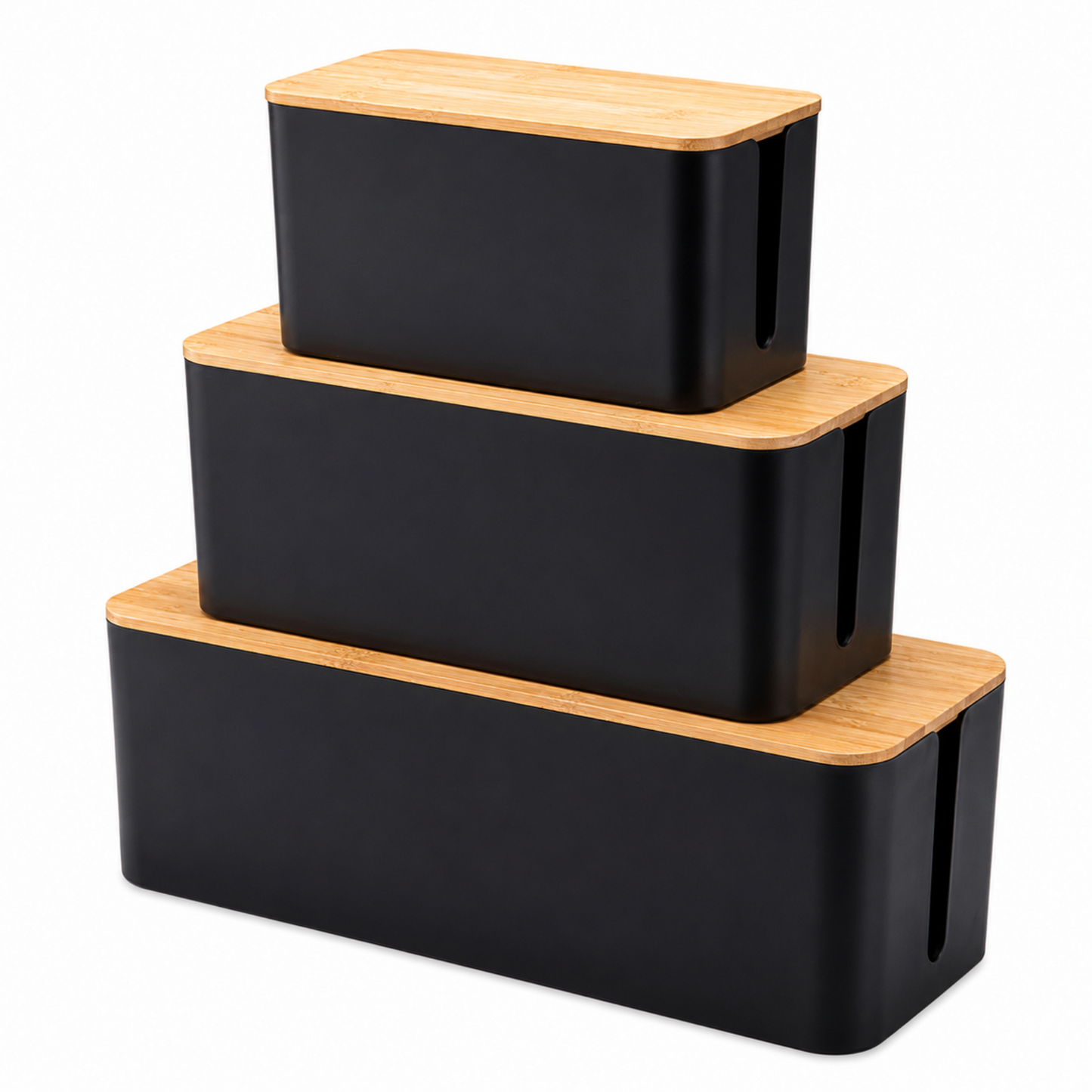 Set of 3 Cable Management & Organiser Boxes with Bamboo Lids