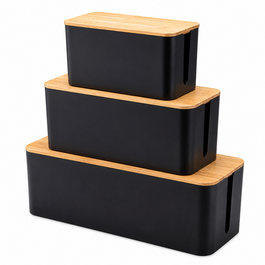 Set of 3 Cable Management & Organiser Boxes with Bamboo Lids