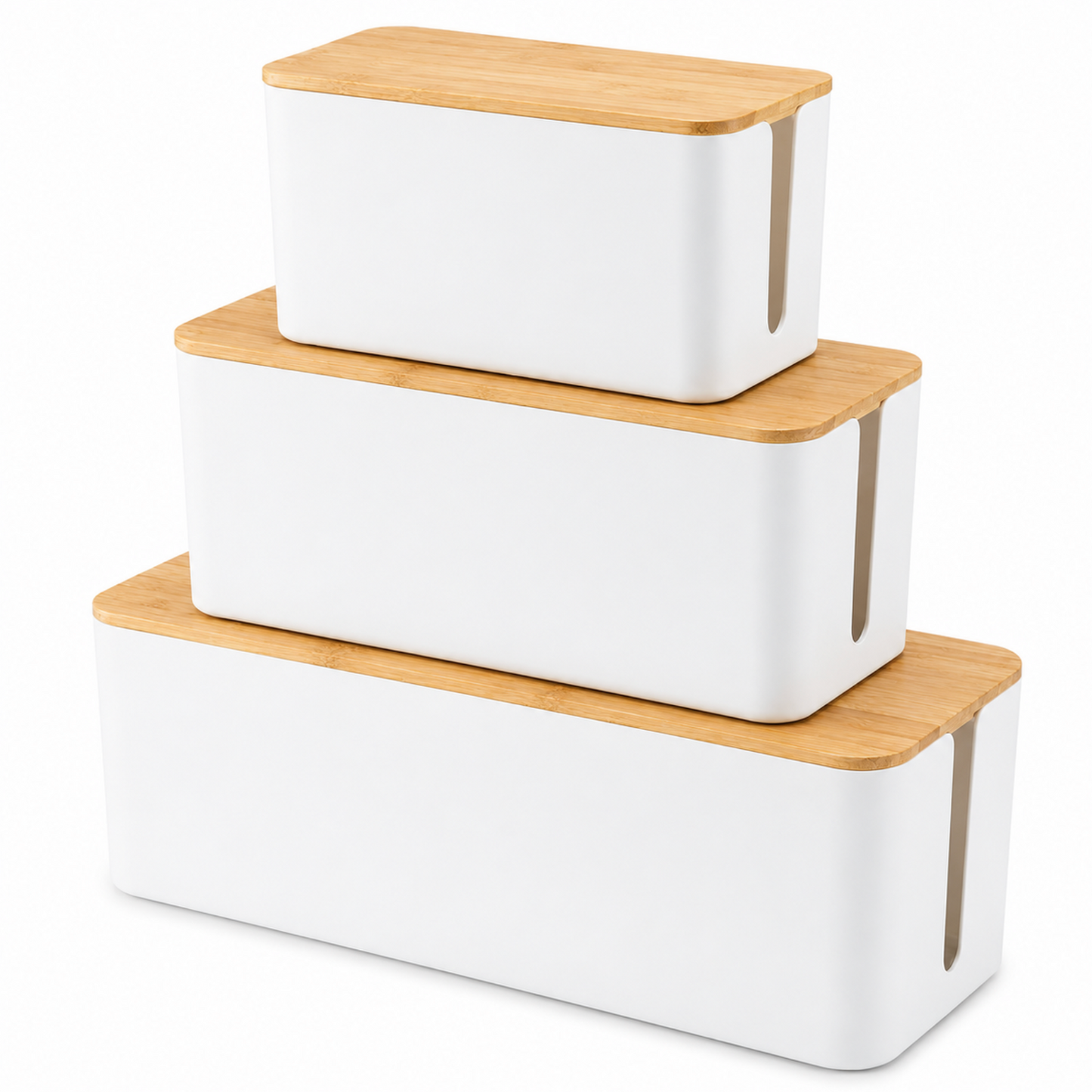 Set of 3 Cable Management & Organiser Boxes with Bamboo Lids